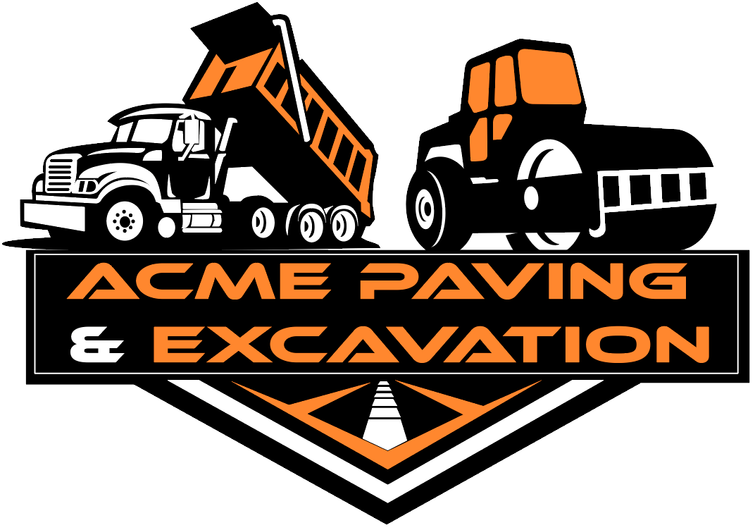 Logo for ACME Paving & Excavation with orange and black dump truck and excavator on a shield emblem