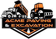 ACME Paving & Excavation logo with orange dump truck and excavator on black and white shield