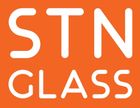 A logo for stn glass on an orange background