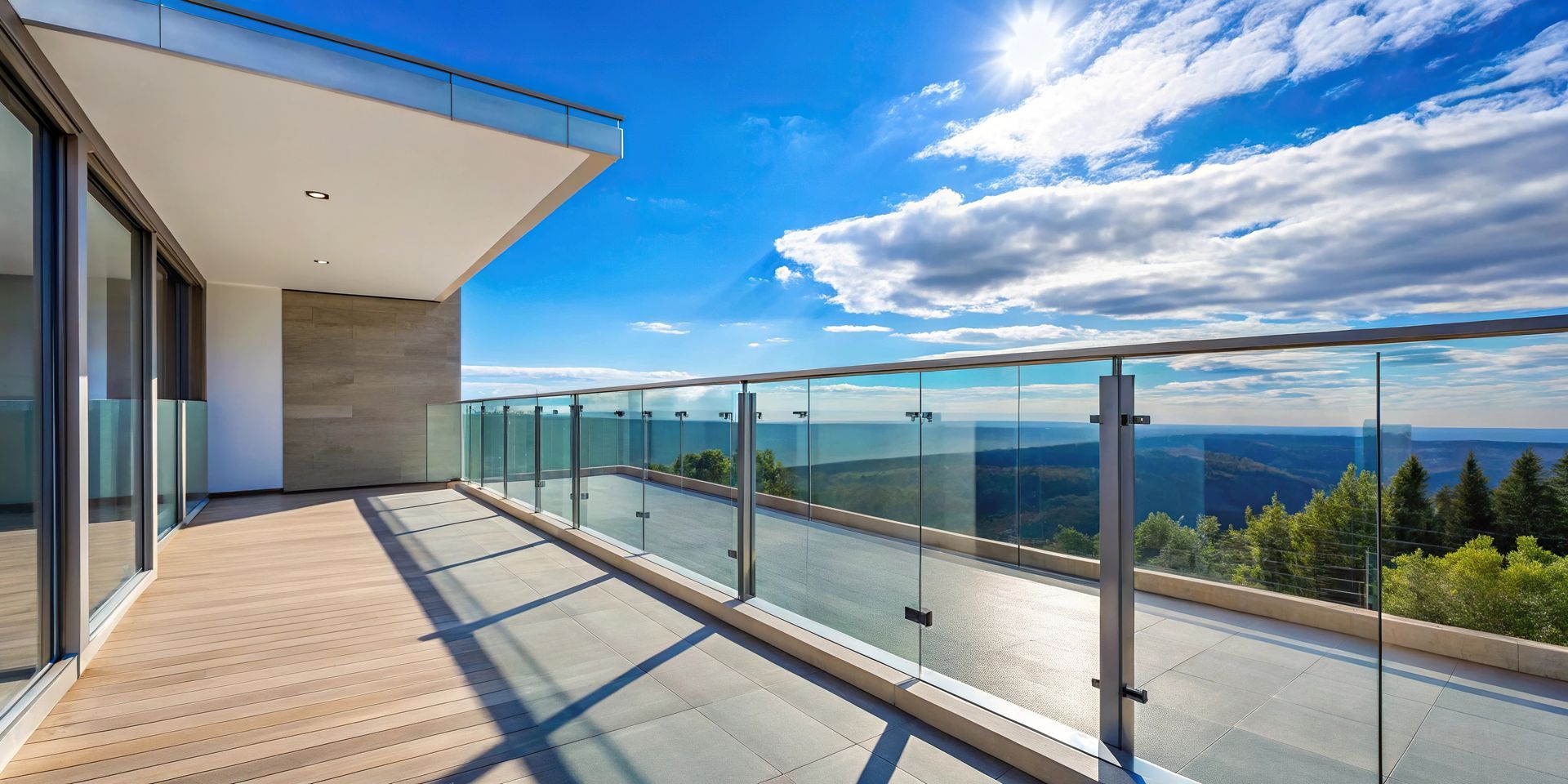 A balcony with a glass railing and a view of the ocean.