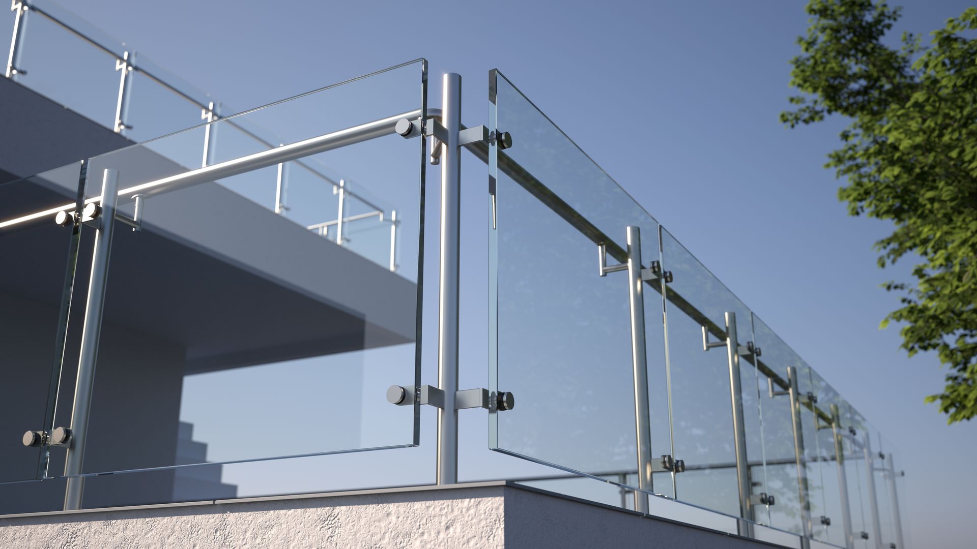 A balcony with a glass railing and stairs