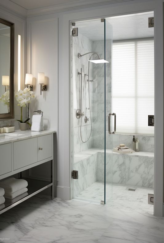 A bathroom with a walk in glass shower door and a bathtub.