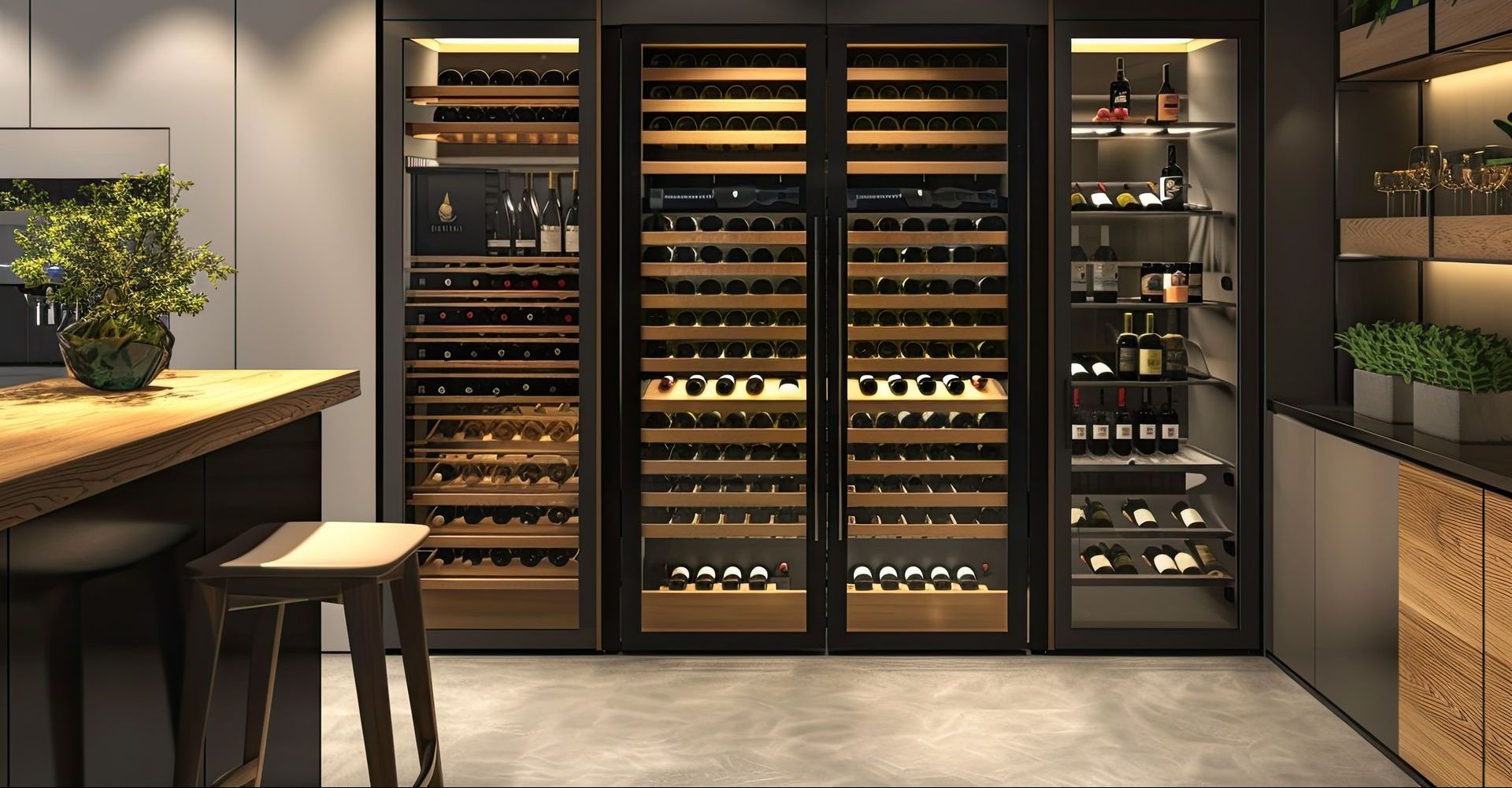 A kitchen with a lot of wine bottles in it.