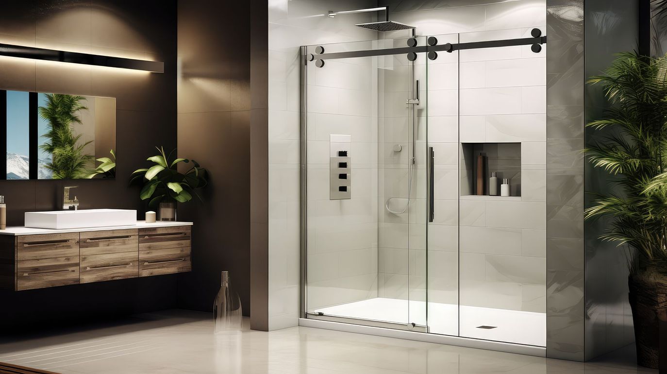 A bathroom with a sliding glass shower door and a sink.