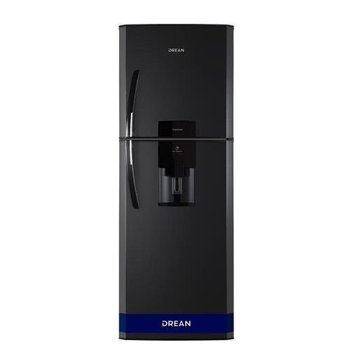 Un refrigerador negro con un dispensador de agua en la puerta.