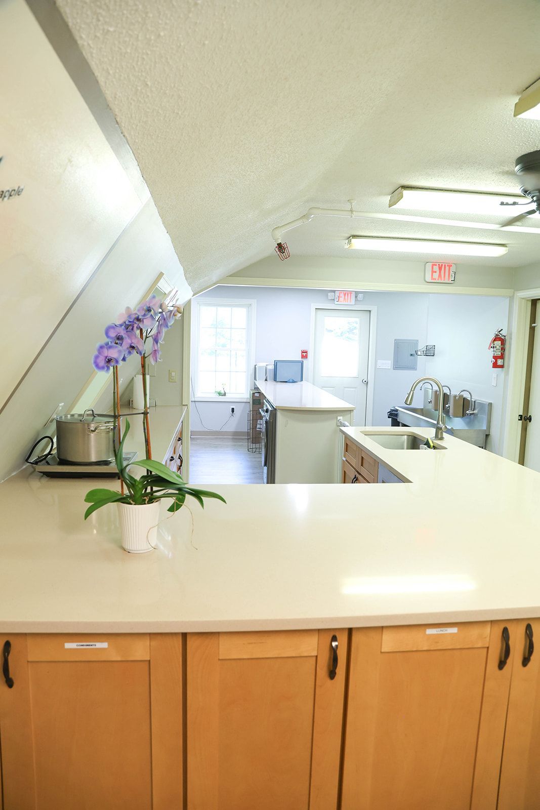 Kitchen with light-colored countertops, wooden cabinets, and an orchid. Includes a stove, sink, and island.