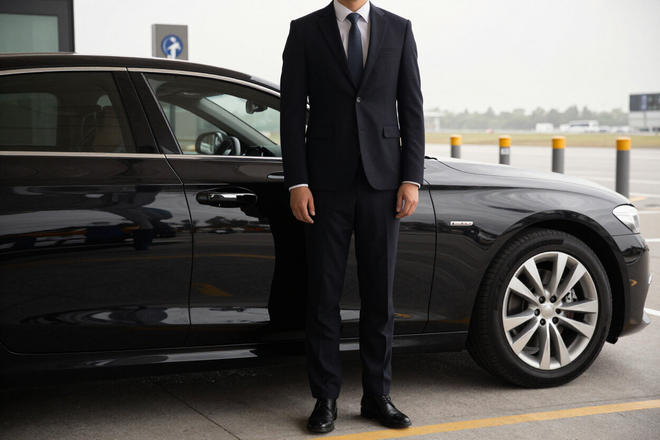 Professional driver beside an executive saloon car at an airport drop-off zone