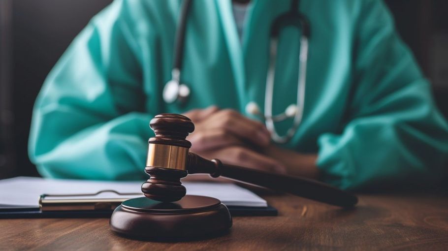Judge’s gavel on a desk in front of a person in teal scrubs