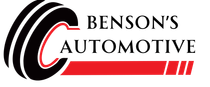 A logo for benson 's automotive with a tire in the middle.