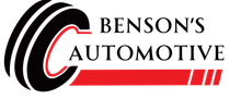 A logo for benson 's automotive with a tire in the middle.