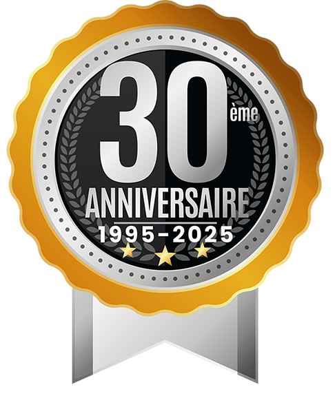 Logo du 30e anniversaire : Badge or, argent et noir avec le texte « 30ème ANNIVERSAIRE 1995-2025 » et des étoiles.
