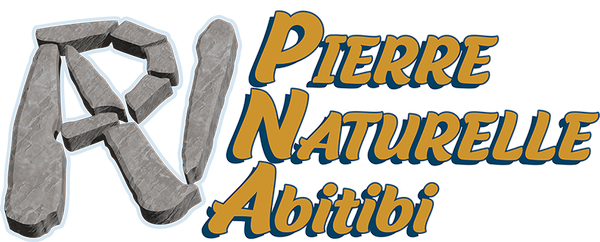 Logo pour Pierre Naturelle Abitibi : « RA » composé de pierres, texte en jaune et bleu.