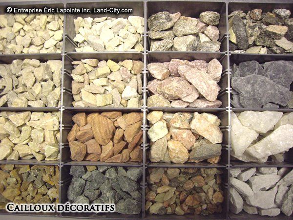 Une exposition de différents types de roches appelées cailloux décoratifs