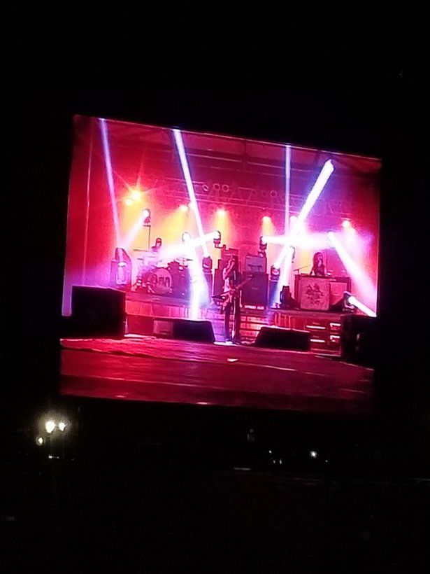 A group of people are playing instruments on a stage at a concert