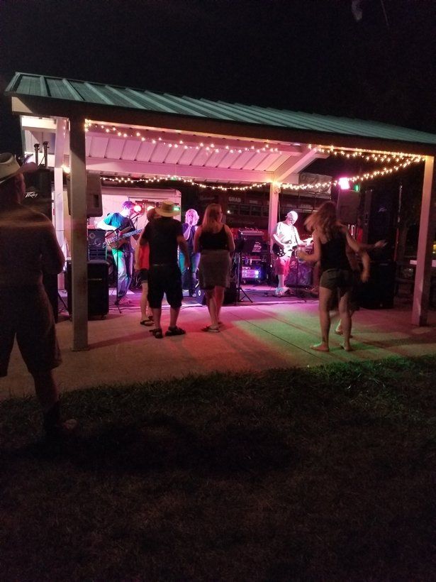 A group of people are dancing under a gazebo at night.