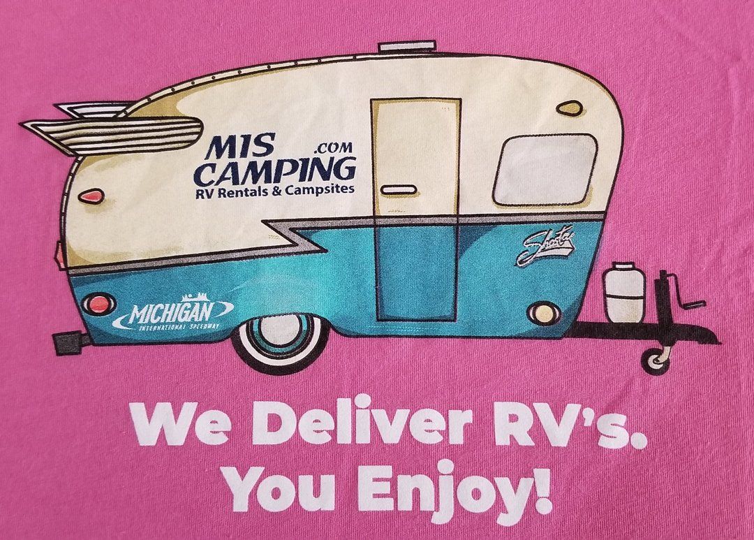 A pink shirt that says we deliver rv 's you enjoy