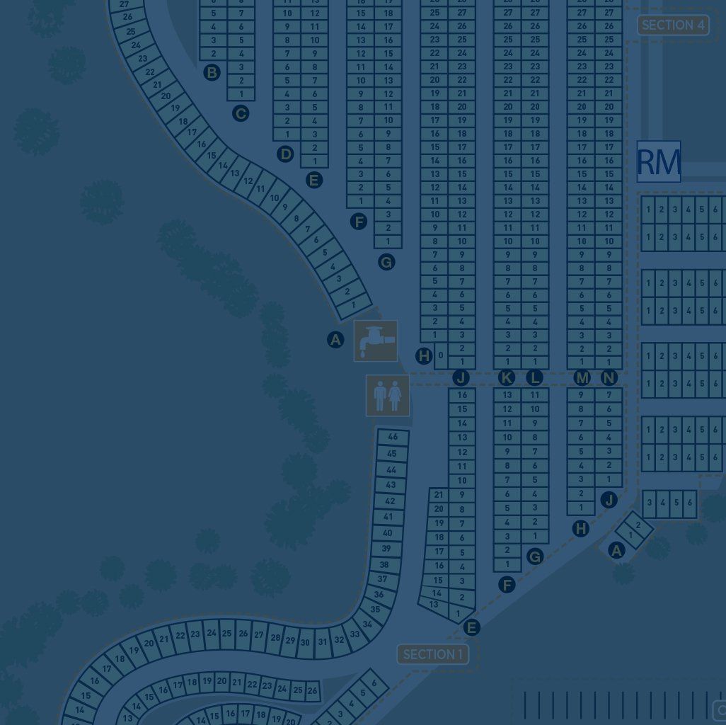 A blue map of a parking lot with a lot of parking spaces.