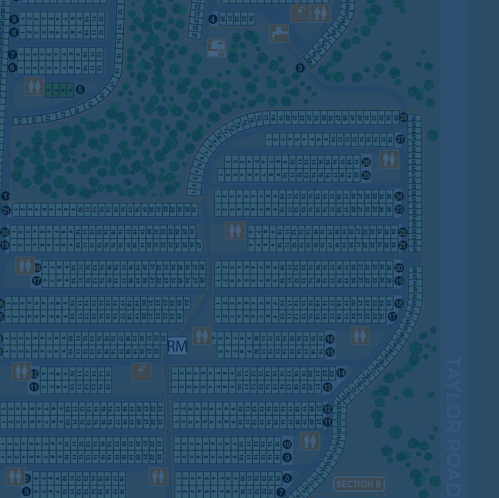 A blue map of a parking lot with lots of trees.