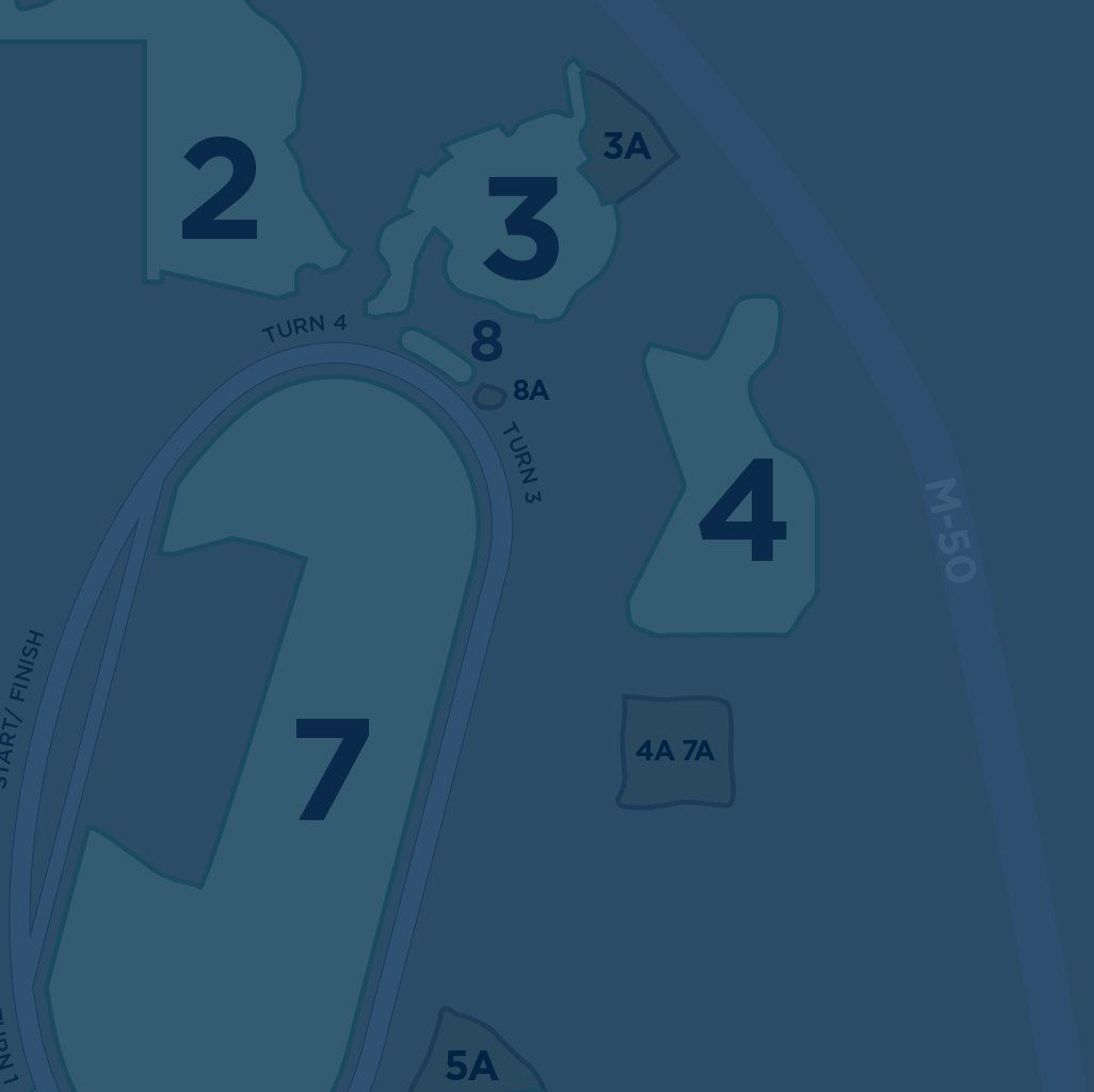 A blue and white map of a race track with numbers on it.