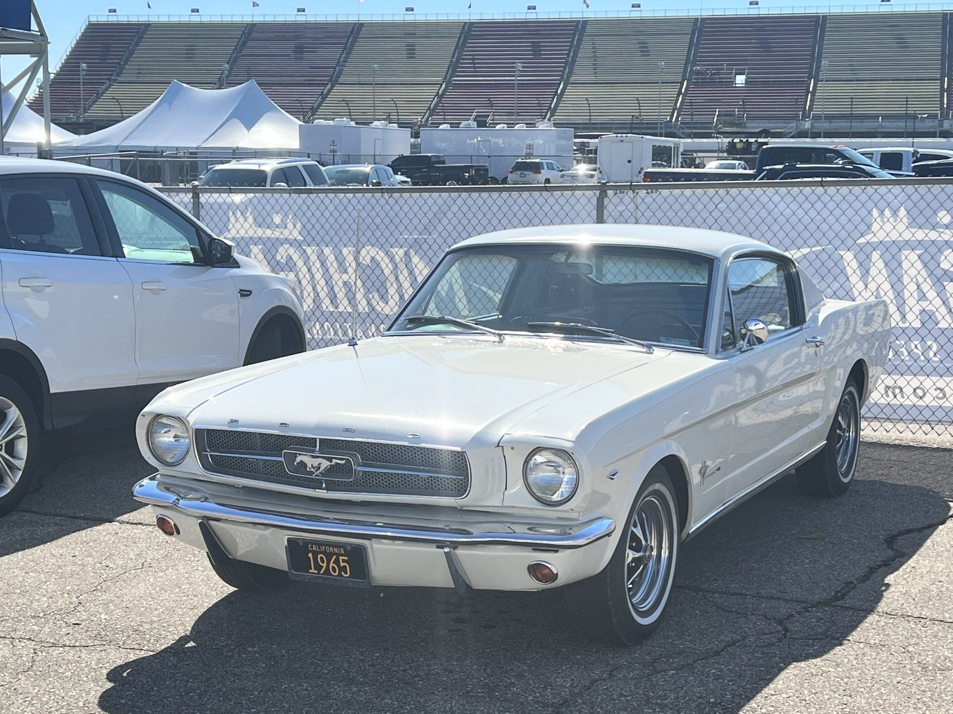 A white mustang with a license plate that says 1945