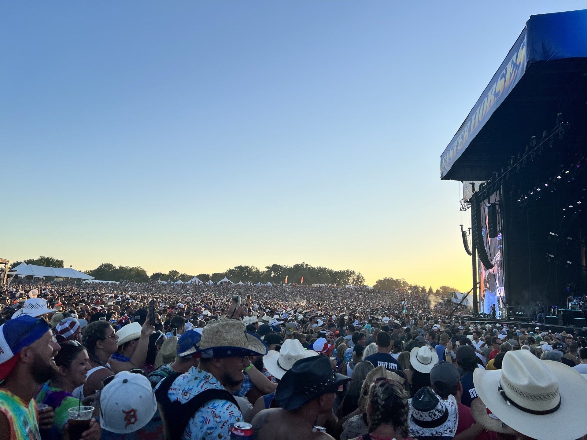 A crowd of people are watching a concert at a music festival