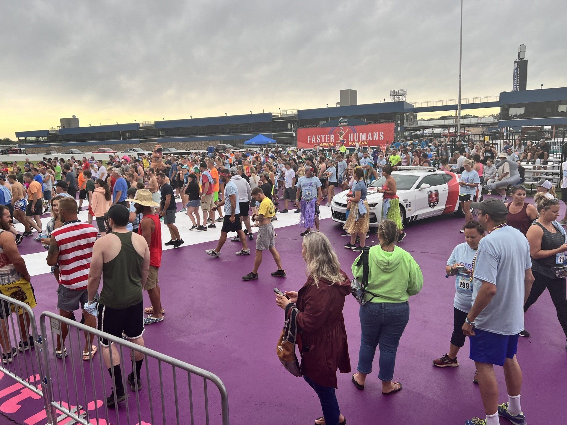 A large group of people are standing on a purple surface.