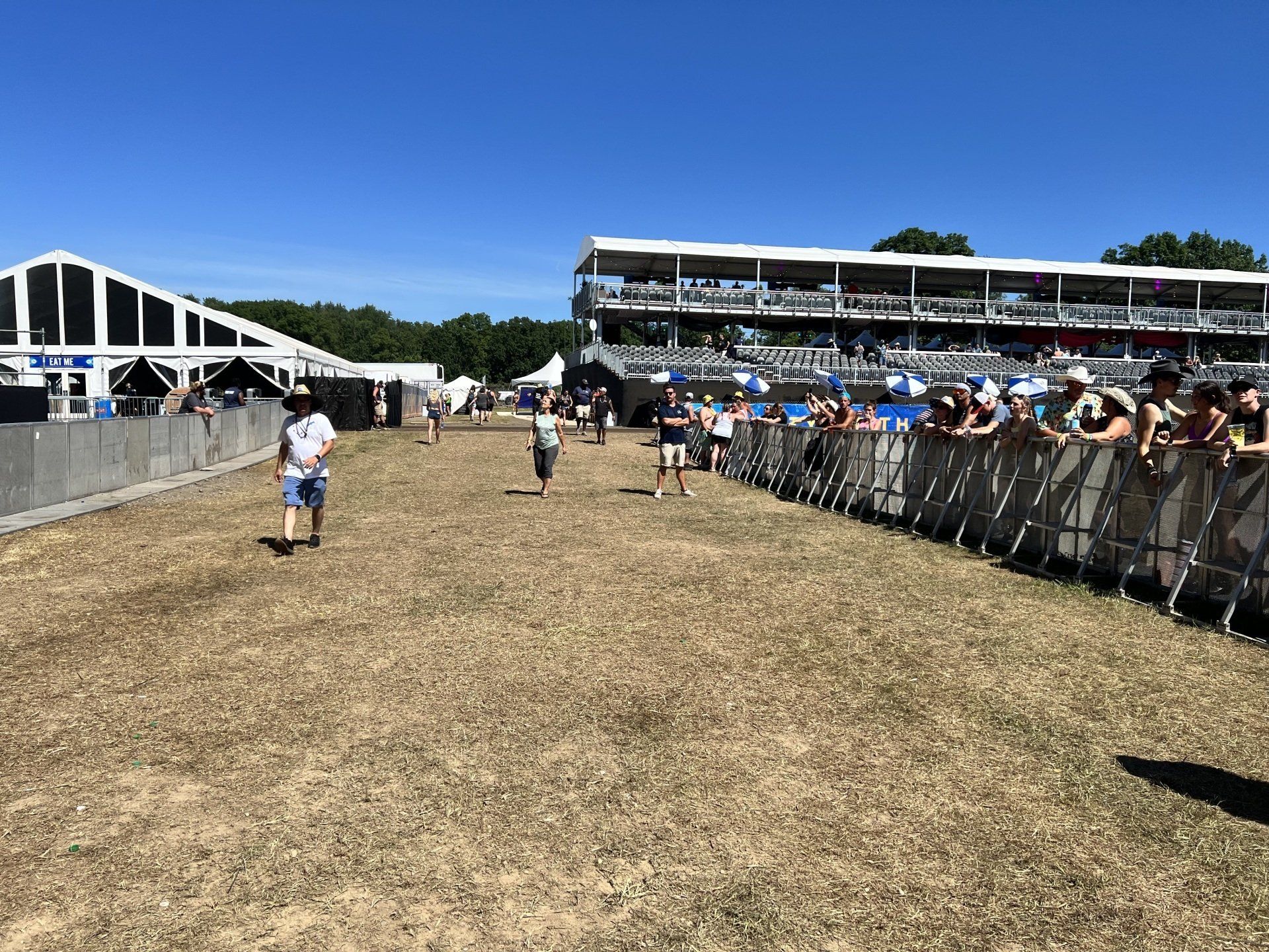 A group of people are standing in a field at a music festival.