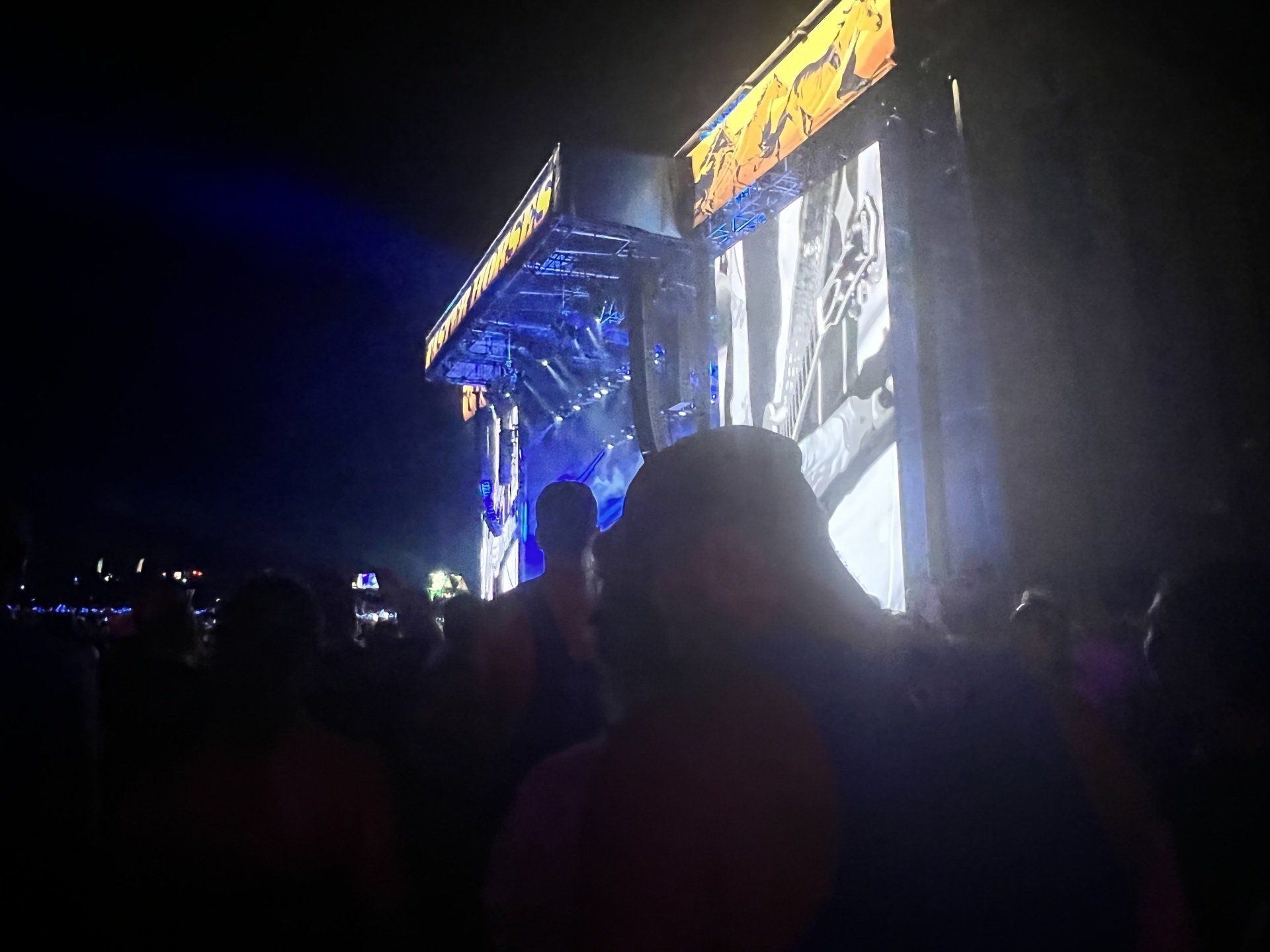A group of people are standing in front of a large screen at a concert.