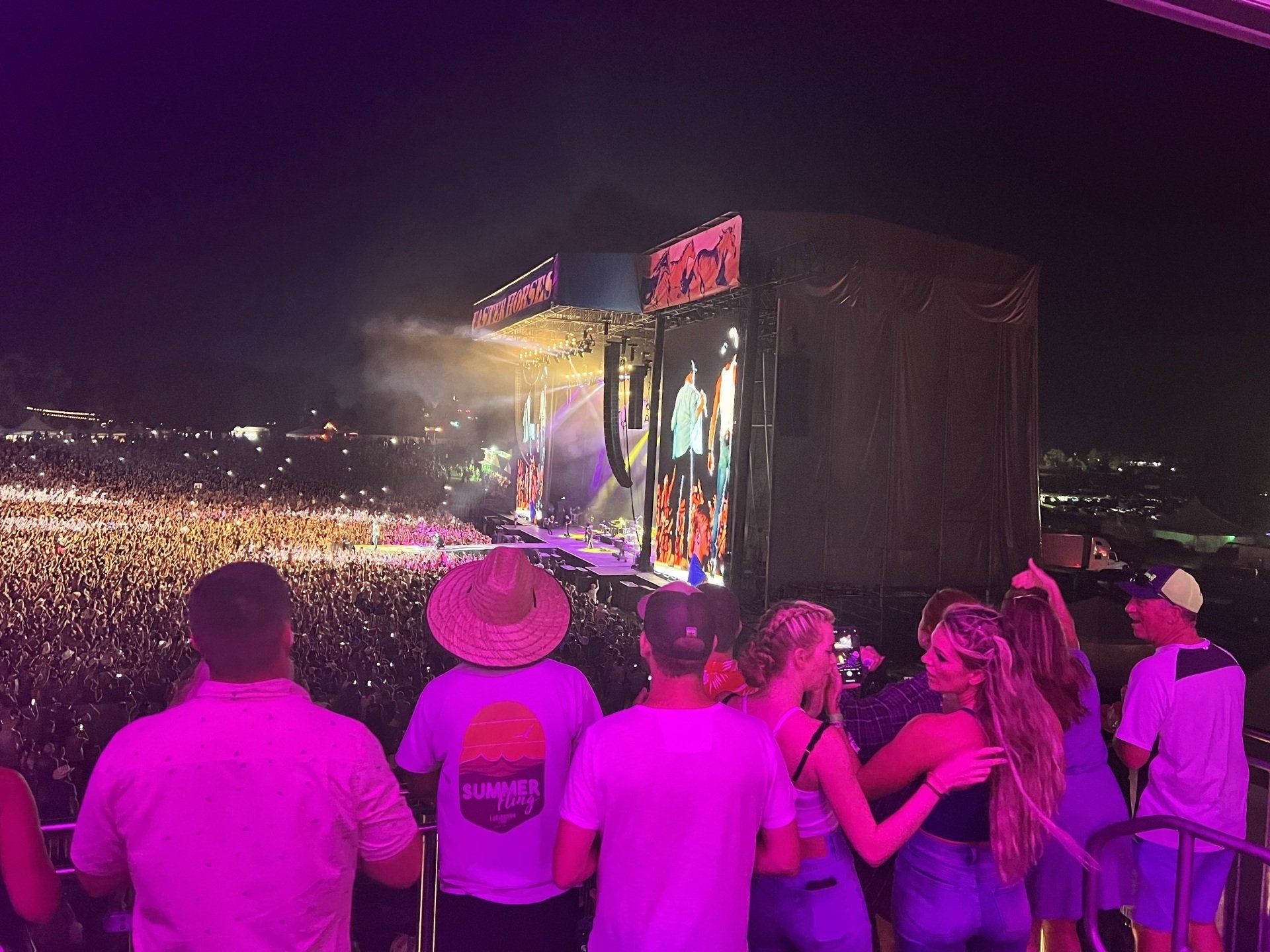 A group of people are standing in front of a stage at a concert.