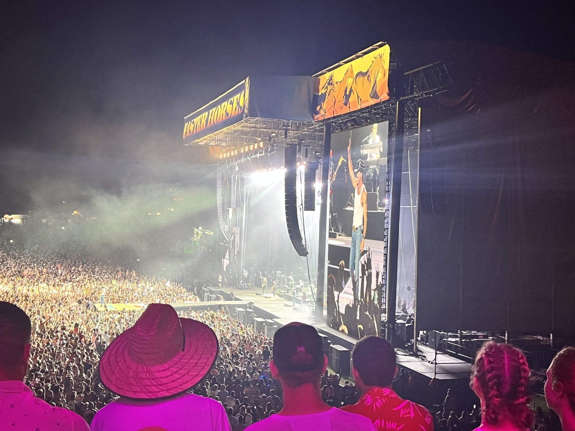A crowd of people are watching a concert at night.