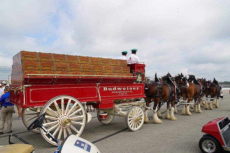A red wagon pulled by horses is filled with boxes of beer.