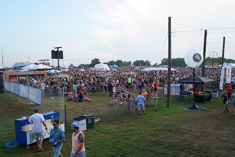 A large crowd of people are gathered in a field at a festival.