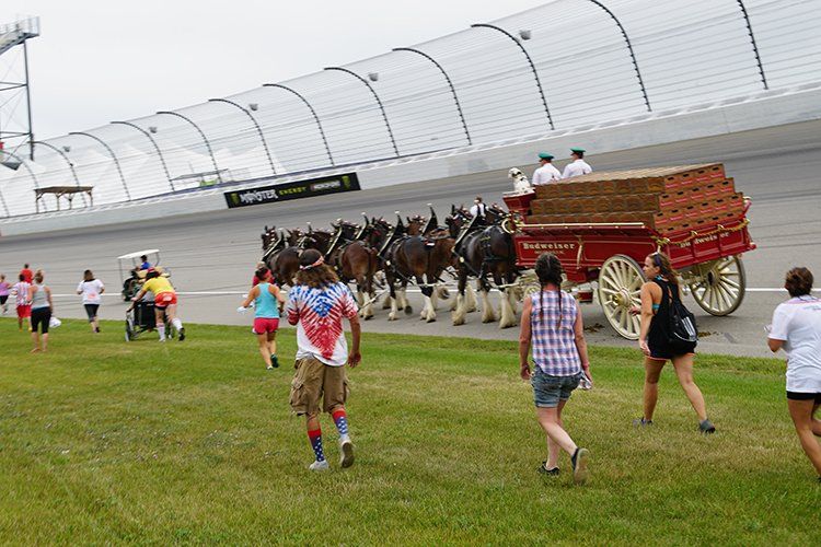 A group of people are running towards a horse drawn carriage on a race track.