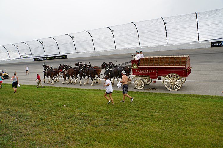 A horse drawn carriage is driving down a race track.
