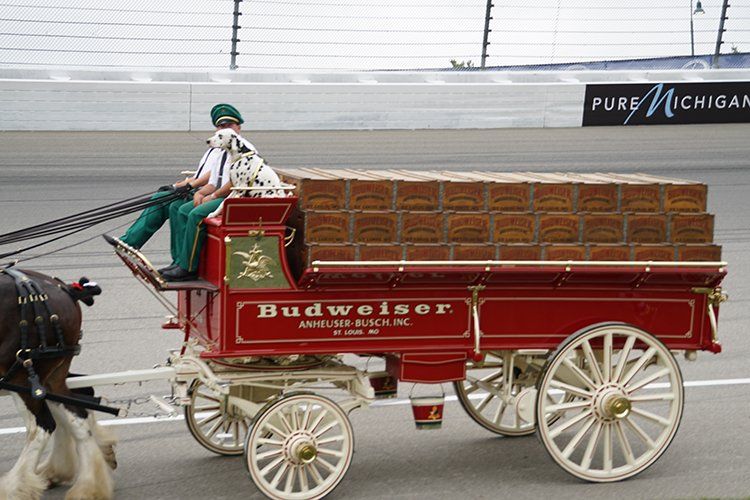 A horse drawn carriage with the word budweiser on it