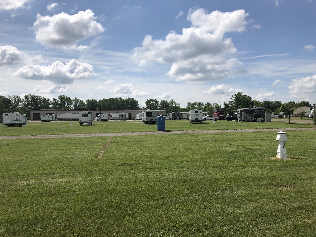 A large grassy field with a fire hydrant in the middle of it.