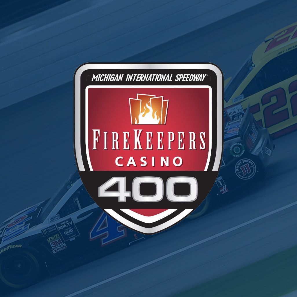 A logo for firekeepers casino 400 with a race car in the background