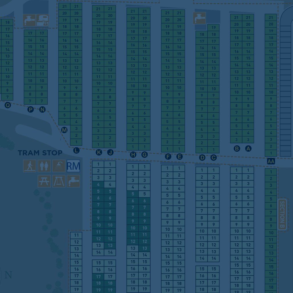 A map of a parking lot with lots of green squares on a blue background.