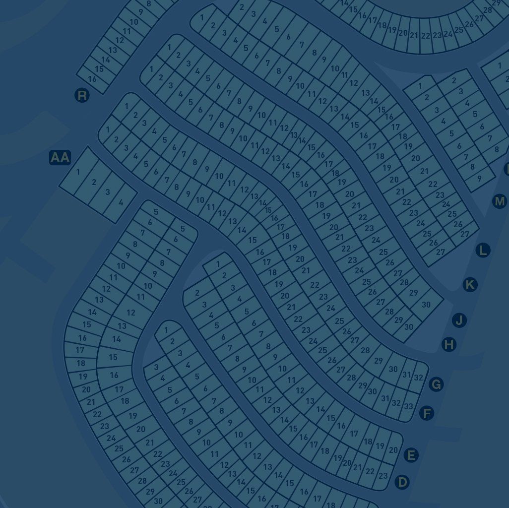 A blue and white map of a park with lots of rows of spaces.