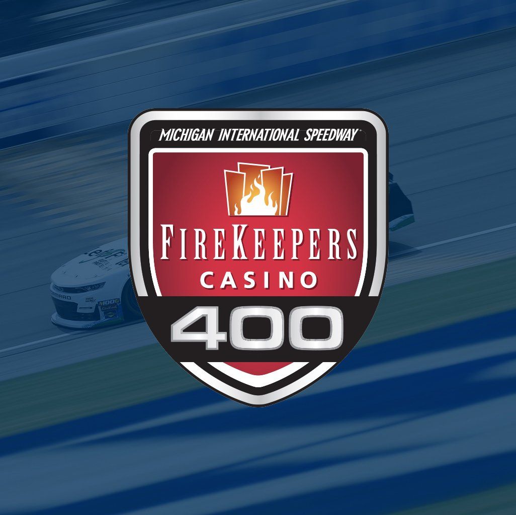 A logo for firekeepers casino 400 with a car in the background