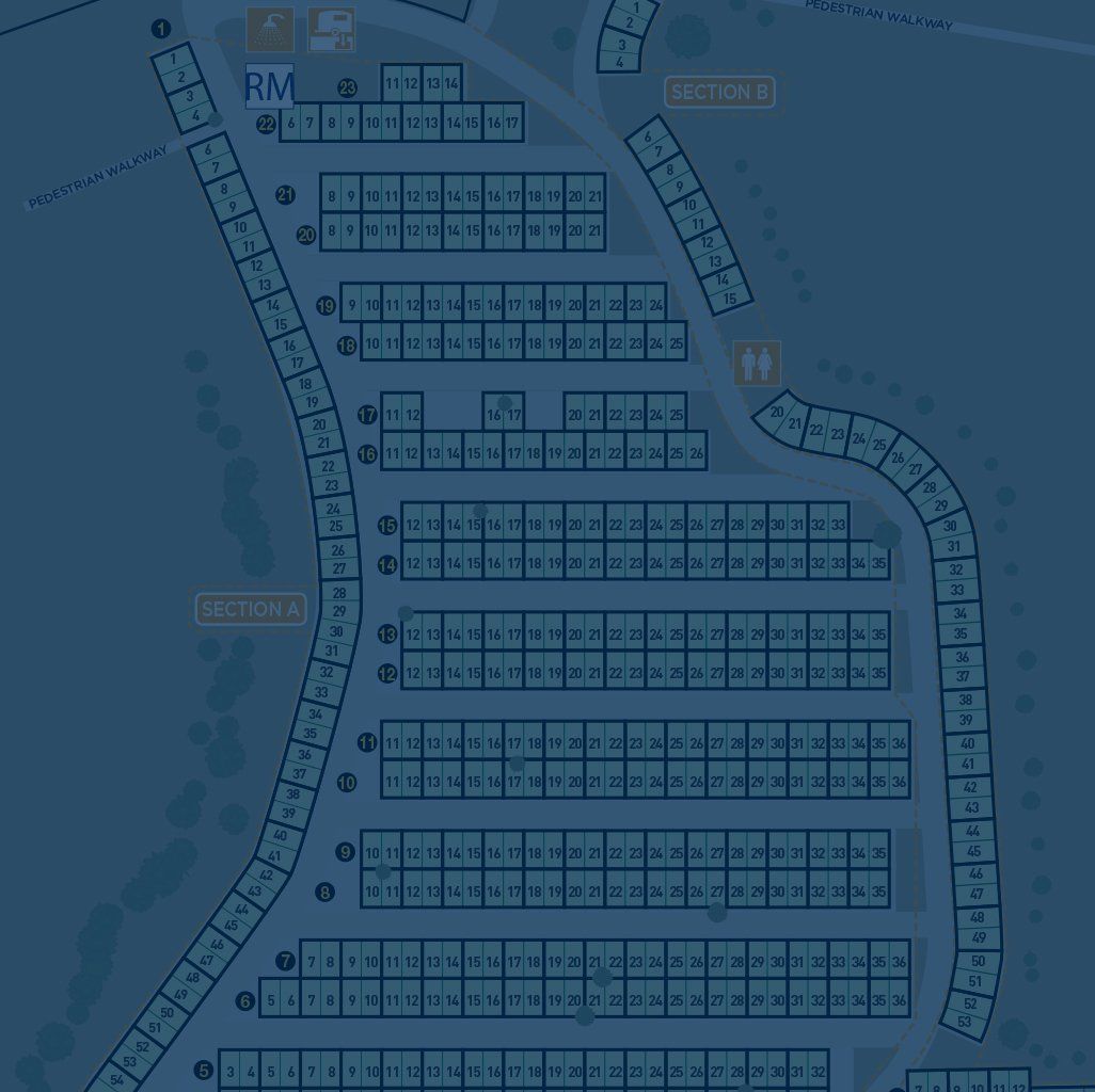 A blue map of a park with lots of squares on it.