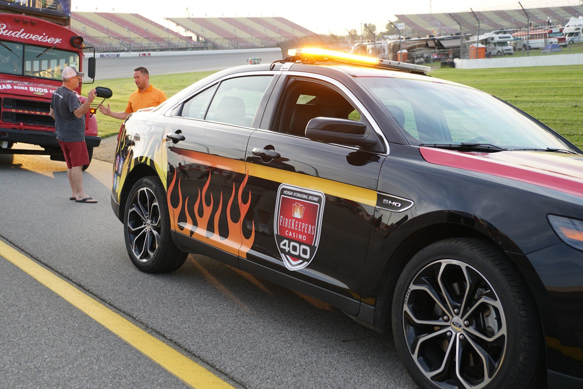 A black car with flames and the word 400 on the side