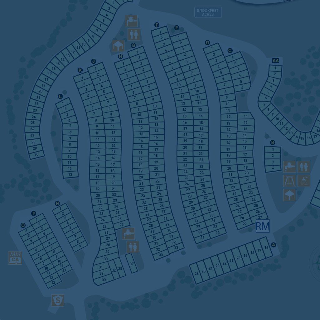 A blue map of a campground with lots of rows of tents.