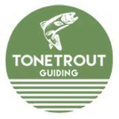 Green circle logo with leaping trout; 