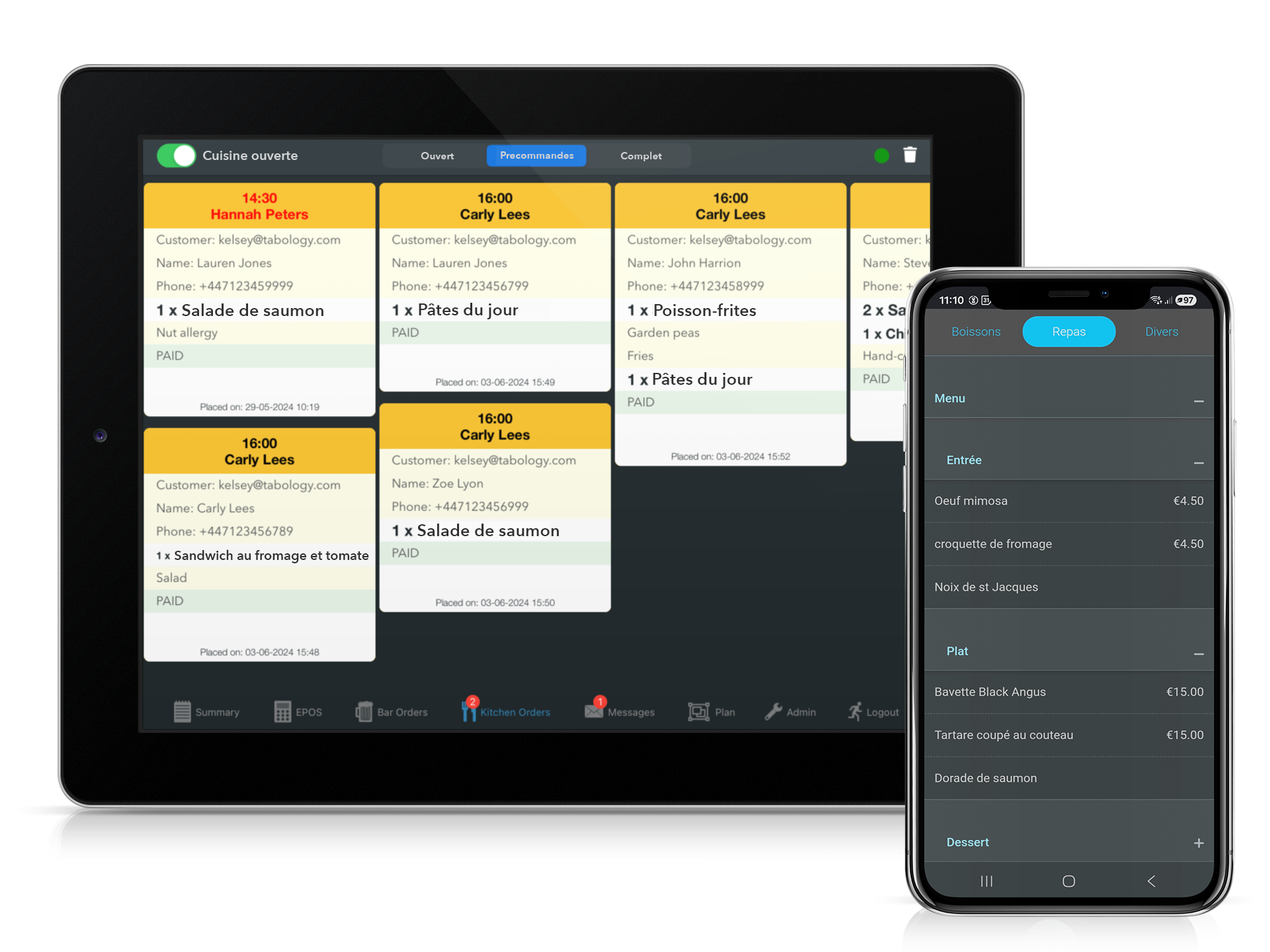 Une tablette et un smartphone affichant l'interface d'une application de réservation de restaurant ou de planification avec un thème sombre.