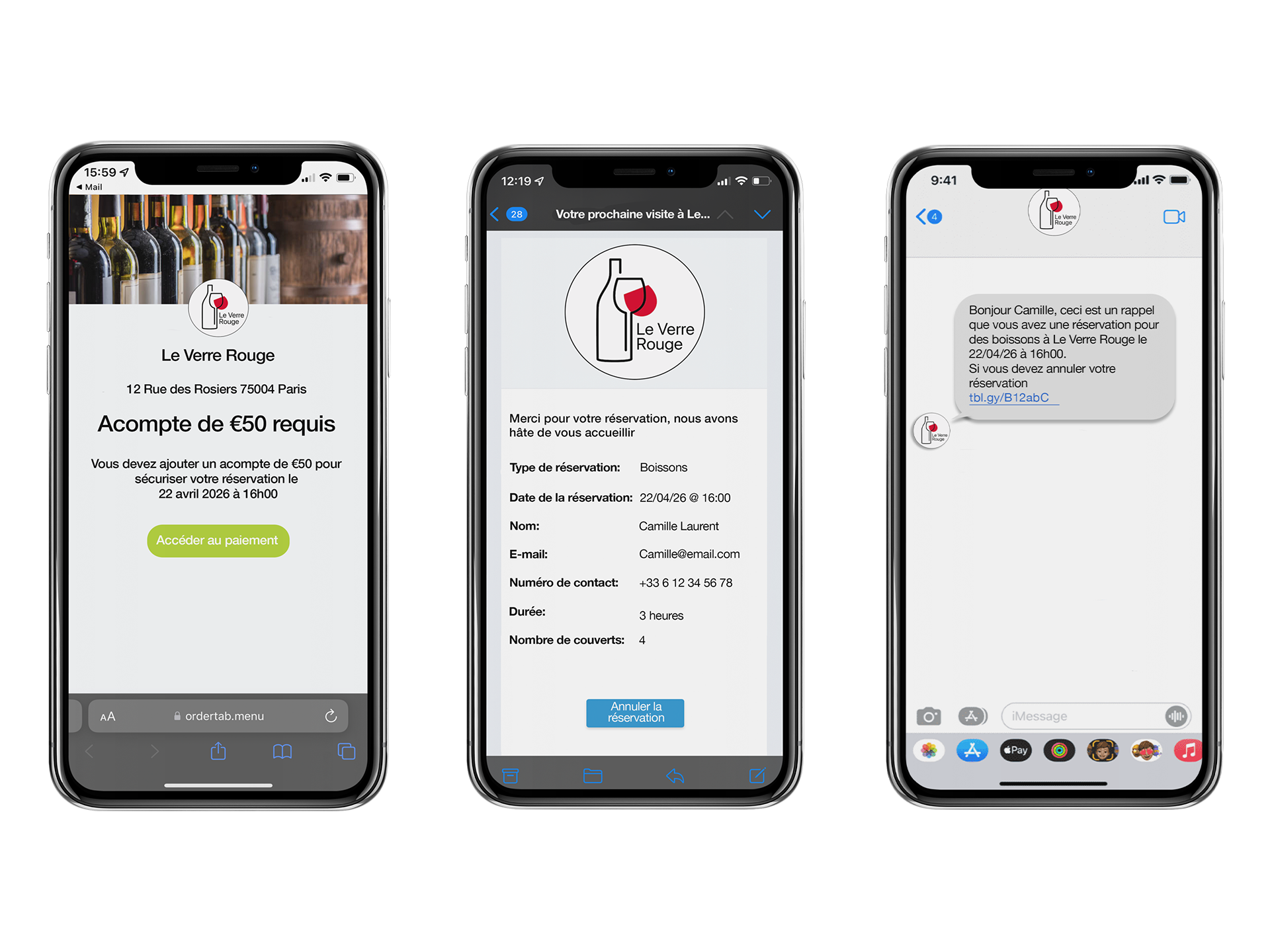 Trois écrans de smartphone affichent une application de sélection de vins, un formulaire d'information sur le produit et un SMS de confirmation.
