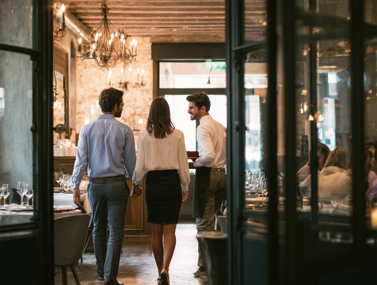 Dans un restaurant chic à l'éclairage chaleureux, un serveur conduit un couple vers leur table.