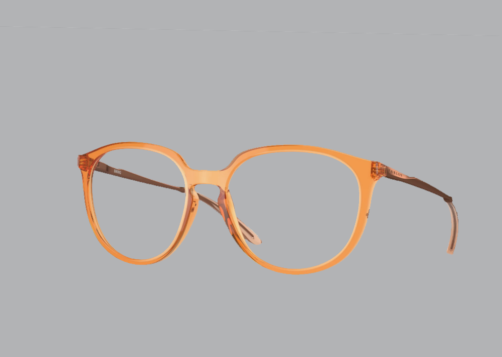 Orange-framed eyeglasses with thin dark brown arms and clear lenses.