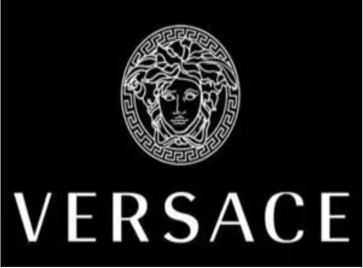 Versace logo: Medusa head within a decorative border above the brand name in white, on a black background.