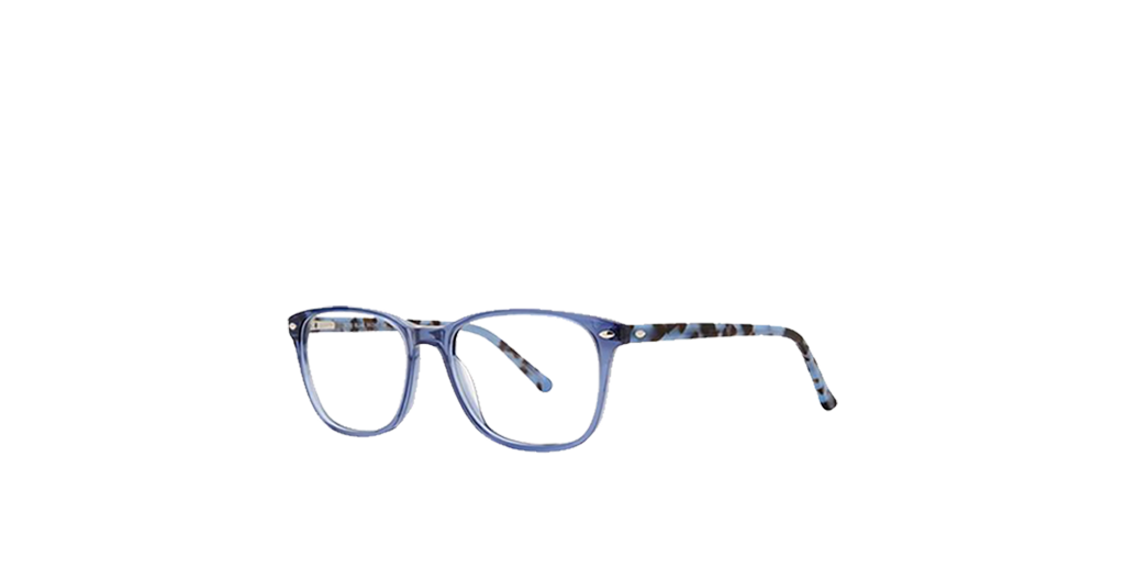Blue and grey patterned eyeglasses on a white background.